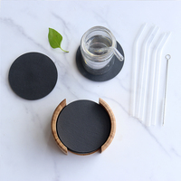 Lot de 8 dessous de verre, 4 pouces, 8 pièces de sous-verres ronds en ardoise, avec support en bambou, paille et brosse assortie pour le Bar, la cuisine, décor pour la maison