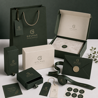 Ensemble d'emballage personnalisé de luxe pour bijoux : sac en papier, boîte rigide, ruban, autocollant, enveloppe, papier de soie, design premium de marque de beauté