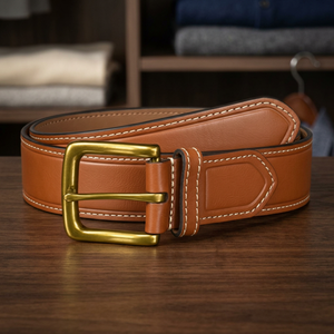 High Quality <b>Cow</b> Hide Men's Copper Square Pin Buckle Double Stitching Braided Woven Ribbon Inlay 35mm Fine Texture Casual Daily - Product Image 2