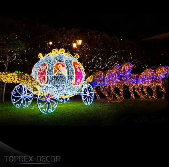 Carruagem de abóbora de metal artesanal peça central iluminada decorações de Natal ao ar livre com carruagem de cavalo de abóbora