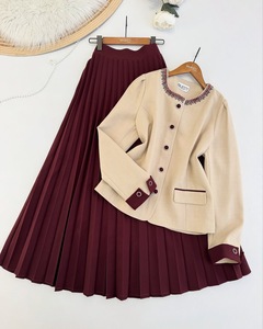 Mode deux pièces ensemble femmes plissé longue jupe et col femme couleur diamant haut élégant dubaï ouvert Abaya vêtements musulmans - Product Image 4