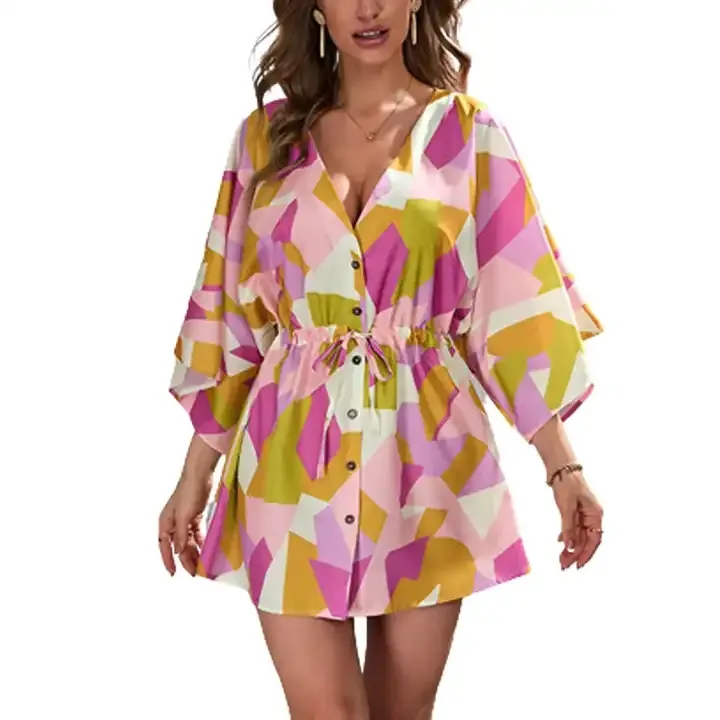Best sales casual summer women geometric print half sleeve shirt dress