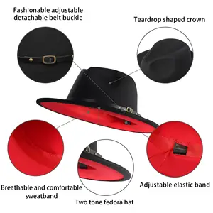 उच्च गुणवत्ता लाल नीचे दो टोन रंग कड़ी व्यापक कगार फेडोरा टोपी महिलाओं को पुरुषों के लिए फैशन पोशाक Fadora फेडोरा टोपी 2021 थोक