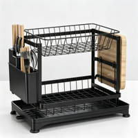 Égouttoir à vaisselle noir en acier inoxydable à 2 niveaux pour assiettes, tasses, couteaux et planches à découper – Vente en gros