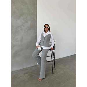 Conjunto de traje gris para mujer, chaleco de punto y pantalones, talla S, ajuste ceñido, ropa profesional - Product Image 4