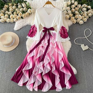 V Neck Colorblock Contrast Color Maxi Dress Women <b>Three</b> Quarter Sleeve Pleated Hem Modest Style Woven Breathable Daily Wear - Product Image 5