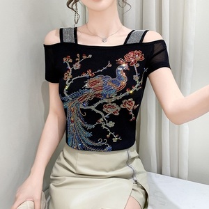 Camisetas con hombros descubiertos y diamantes de imitación brillantes, camisetas de malla con flores de pavo real azul y rojo, camisetas de manga corta para discoteca, <span class=keywords><strong>camiseta</strong></span> de fiesta - Product Image 4