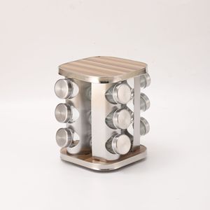 Stainless Steel <b>Spice</b> Rack 360 Rotating Wood Grain Silver Kitchen Seasoning Storage <b>Jar</b> Organizer - Product Image 2