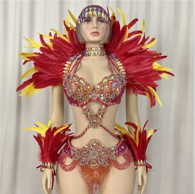 samba Carnival Belly Dance Set Costume with Feather Shawl Arm/leg Bands for Rave EDC Parade Performance Events Showgirl Jouvert