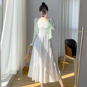 Conjunto de Vestido Largo Estilo Francés, Falda Larga, Chifón Transpirable, Diseño Sólido, Dos Piezas, Ropa de Verano para Mujer - Product Image 2