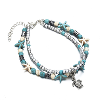 Tobillera de varias capas con cuentas de turquesa hechas a mano para mujer y niña, pulsera tobillera de playa de mar, cuentas de aleación