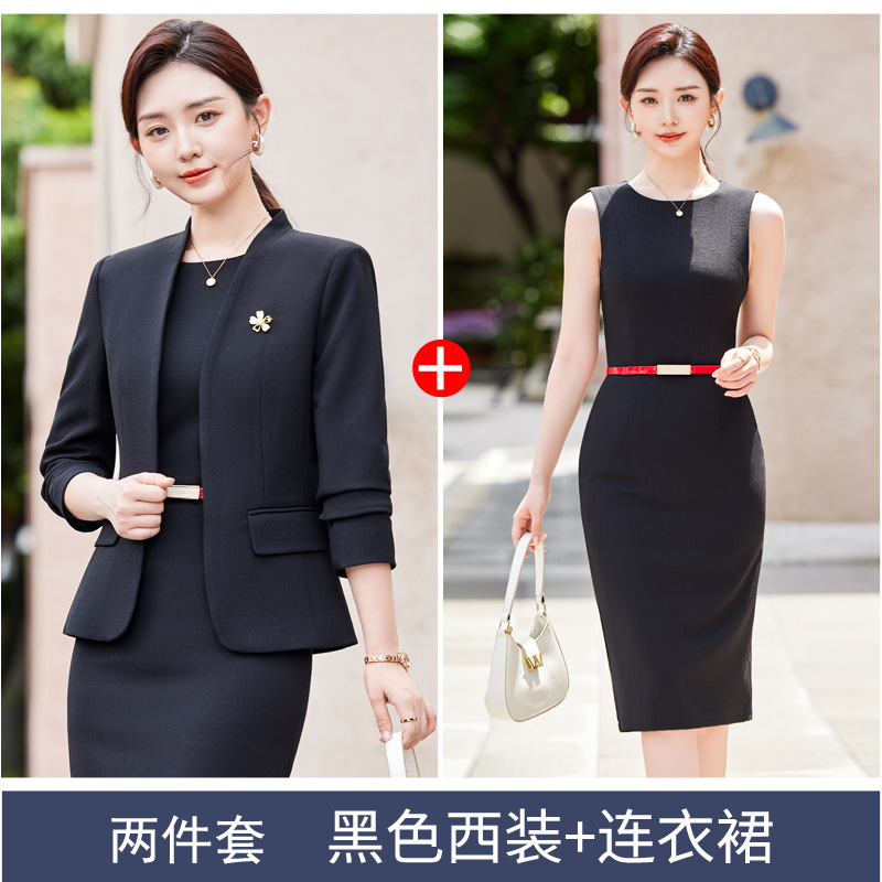 Black suit, black dress, belt