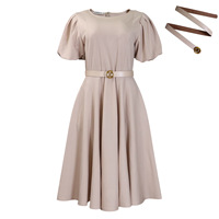 Robe de Bureau Élégante Style Européen-Américain pour Femme, Jupe Trapèze Décontractée, Col Rond, Taille Ajustée, Ample Bas Évasé, Manches Bouffantes