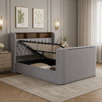 Lit de rangement en velours Willsoon avec élévateur TV télécommandé, cadre de lit vintage capitonné à dossier ailé avec tête de lit en bois et étagère intégrée