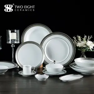 Luxury Sliver Rim Ceramic Dishes & Plates Set Dinnerware Hotel Wedding Charger Plate Porcelain Dinner Plate Dinner Set