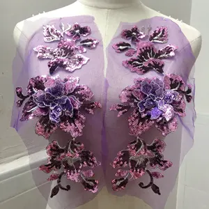 Produsen Multi warna bordir 3D floral renda payet applique pasangan potongan tangan LT2406A