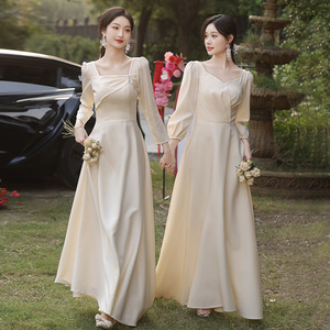 Bridesmaid Dress Long Sleeve Champagne Satin A-Line Sweetheart Neckline Natural Waist 2025 Spring Summer Wedding Party Wear - Product Image 3