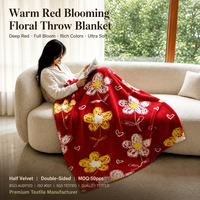 Tapisserie florale rouge chaud à pétales jaunes et cœur blanc, en velours doux et moelleux, pièce décorative pour salon, sensation confortable