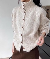 Cardigan en tricot d'alpaga personnalisé pour femme, col haut, boutons sur le devant, pull chaud d'hiver