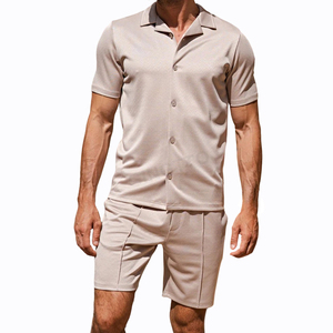 Ensemble de chemises à manches courtes décontractées en coton mercerisé pour hommes, <span class=keywords><strong>tenue</strong></span> en deux pièces, streetwear, logo personnalisé, vente en gros - Product Image 3