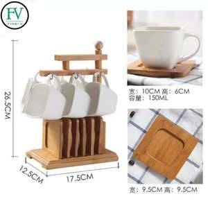 Portabicchieri in bambù <span class=keywords><strong>e</strong></span> set di tazze da <span class=keywords><strong>caffè</strong></span> <span class=keywords><strong>e</strong></span> <span class=keywords><strong>piattini</strong></span> in ceramica tazze quadrate in pura porcellana bianca - Product Image 5