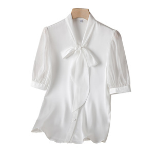 Women's <b>Black</b> Short Sleeve Chiffon Shirt With Bow Tie Office Wear Solid Color Polyester Blouse Set - Product Image 5