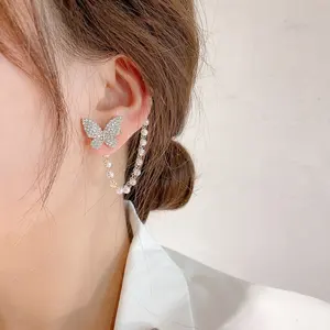 S925 Gestempeld Naald Koreaanse Stijl Asymmetrisch Volledig Diamant Vlinder Parel Oorbellen Voor Dames