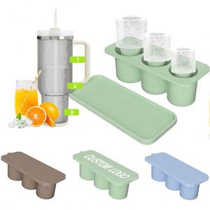 Wholesale Easy Release Ice <b>Cube</b> Tray for Tumbler Custom Logo Reusable 3 Cavity Silicone Cylinder Ice Mold With Lid for Freezer - Product Image 1