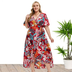 Abito a maniche corte con scollo a V di <span class=keywords><strong>moda</strong></span> di nuova stampa da donna taglie forti 2025 con vita legata e gonna irregolare abito Casual - Product Image 1