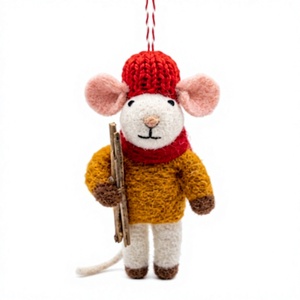 Ornement de Noël en feutre de laine écologique fait main, souris avec chapeau rouge et manteau jaune, décoration murale intérieure traditionnelle pour les fêtes - Product Image 2