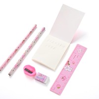 Lot de papeterie rose écologique à thème lapin mignon pour enfants : crayons, règle, gomme, taille-crayon, cahier - Vente en gros pour l'école