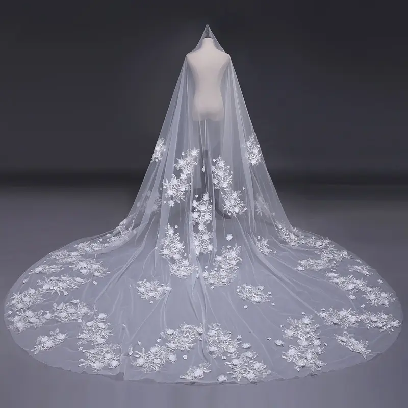 New Design Charming Chapel Length Lace Applique Wedding Bridal Veil