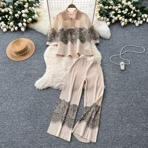 Premium Feeling Pleated Loose Lapel Pressed Pleat Top High Waisted Wide Leg <b>Pants</b> Women's Printed 2 Piece Set Fashion - Product Image 3