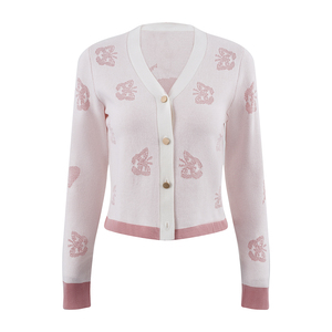 Tùy Chỉnh Womens Áo Len Dài Tay Áo V Cổ Nút Bướm Thêu Mô Hình Dệt Kim Áo Len Jacquard Phụ Nữ Đan Cardigan - Product Image 1