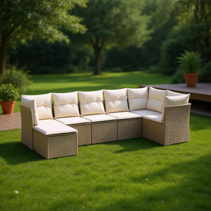 Conjunto de Sofás Modulares de Jardín en Poliratán Beige, 7 Plazas, Muebles de Exterior de Diseño Contemporáneo - Product Image 2