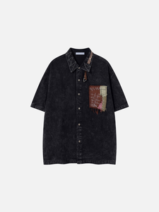 Oversized Men's Cotton Denim <b>Shirt</b> With <b>Patchwork</b> Applique And Hand Embroidery Short Sleeve Casual Summer Top - Product Image 1