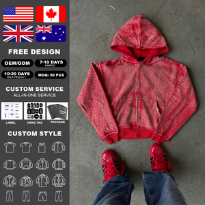 Hoodies personnalisés avec logo du fabricant, style vintage délavé à l'acide, zippés, courts, vierges, avec strass, effet usé, en molleton épais French Terry - Product Image 2