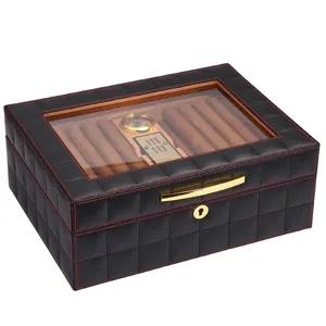 Bán buôn PU da bằng gỗ Cigar Humidor cửa sổ trong suốt xì gà hiển thị hộp hút phụ kiện