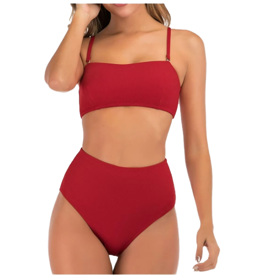 Women's Strapless Bandeau Bikini Set High Cut Ribbed 2-Piece Swimsuit Eco-Friendly Breathable Quick Dry Gingham Drawstring