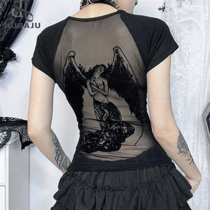 Camiseta <span class=keywords><strong>negra</strong></span> Retro con estampado de Ángel para <span class=keywords><strong>mujer</strong></span>, camiseta ajustada a la moda de verano 2025, camisetas de manga corta Y2k E-Gir - Product Image 1