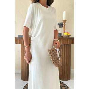 Vestido de Lino con Cuello Redondo, Corte Holgado, Cintura Natural, Transpirable, Tejido, Informal para Uso Diario - Product Image 2