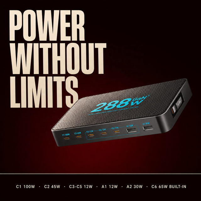 Desktop Charger 288W GaN Multi Port USB C Charging Station PD 100W PPS Slim 8 Ports for Laptop Tablet OEM