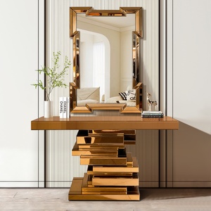Consolle di Lusso Guanlong con <span class=keywords><strong>Specchio</strong></span> Dorato, Tavolo da <span class=keywords><strong>Ingresso</strong></span> in Vetro Lucido e <span class=keywords><strong>Specchio</strong></span> Decorativo da Parete per Soggiorno - Product Image 5