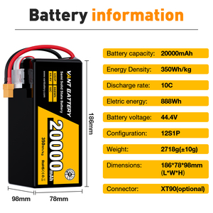 Batería de polímero de litio semisólida para drones RC, XT90 Plug VANT 350wh/kg 44.4V 12S 20000mAh 10C UAV, venta al por mayor OEM - Product Image 3