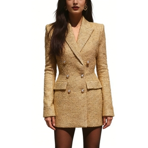 <span class=keywords><strong>Blazer</strong></span> Cruzado de Tweed Dorado para <span class=keywords><strong>Mujer</strong></span> - Elegante Chaqueta de Traje Formal de Longitud Media con Botones de Perla Sehe Fashion - Product Image 1