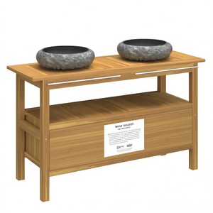 Meuble-lavabo de salle de bain en teck massif 62-70 pouces avec vasques en marbre noir, sur pied, style contemporain moderne - Product Image 1