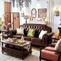 Ensemble de canapés en cuir et bois massif de style ancien, cuir de vachette première couche, combinaison 1+2+3, design épuré, mobilier de salon et de villa, quatre pièces