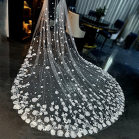 Voile de mariée long en dentelle 3D fleurie ivoire et blanc, une couche, avec peigne, 3,5 m