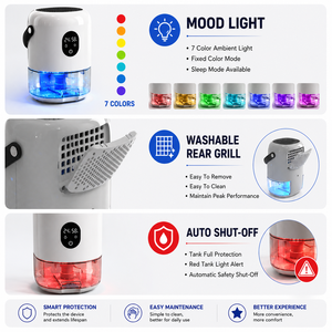 Deshumidificador de Aire Eléctrico Ultra Silencioso de 1000 ml con 7 Luces Nocturnas de Colores, 2 Modos de Funcionamiento y Pantalla Táctil - Product Image 3