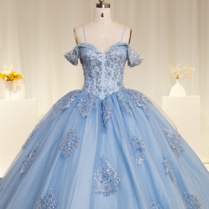 Robe de soirée bleue tendance avec fleurs 3D en relief et perles Lsyb23 - Product Image 4